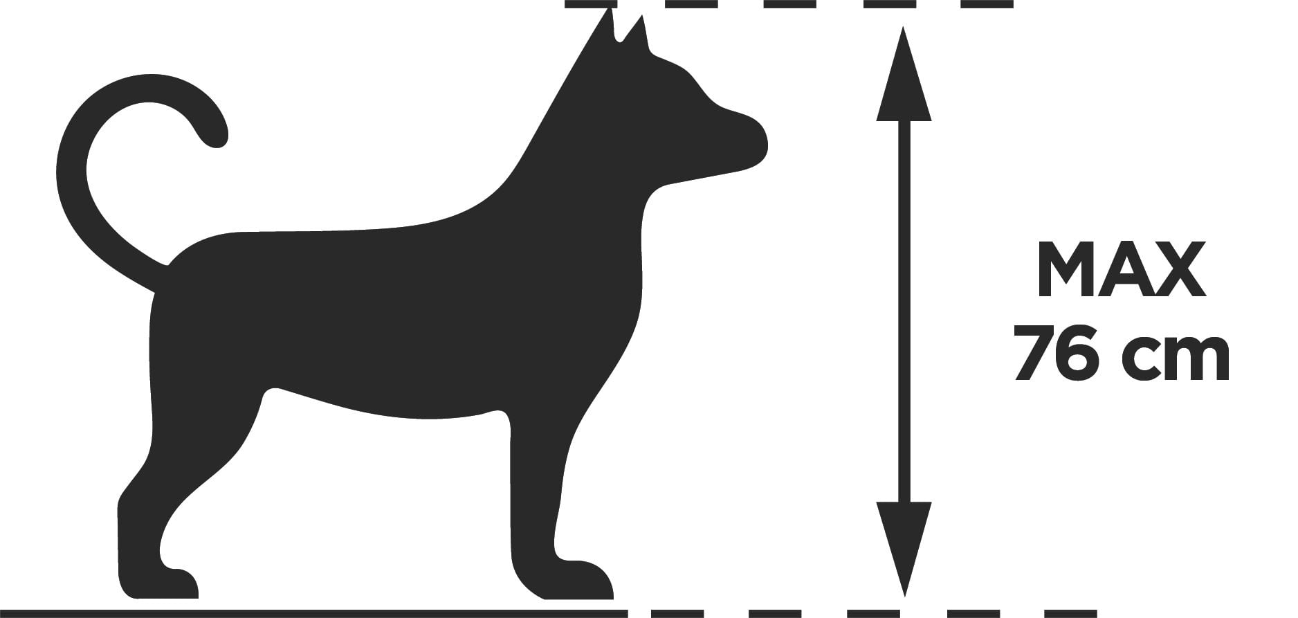 Illustration of dog with arrow showing the maximum height of the Thule Bexey L.